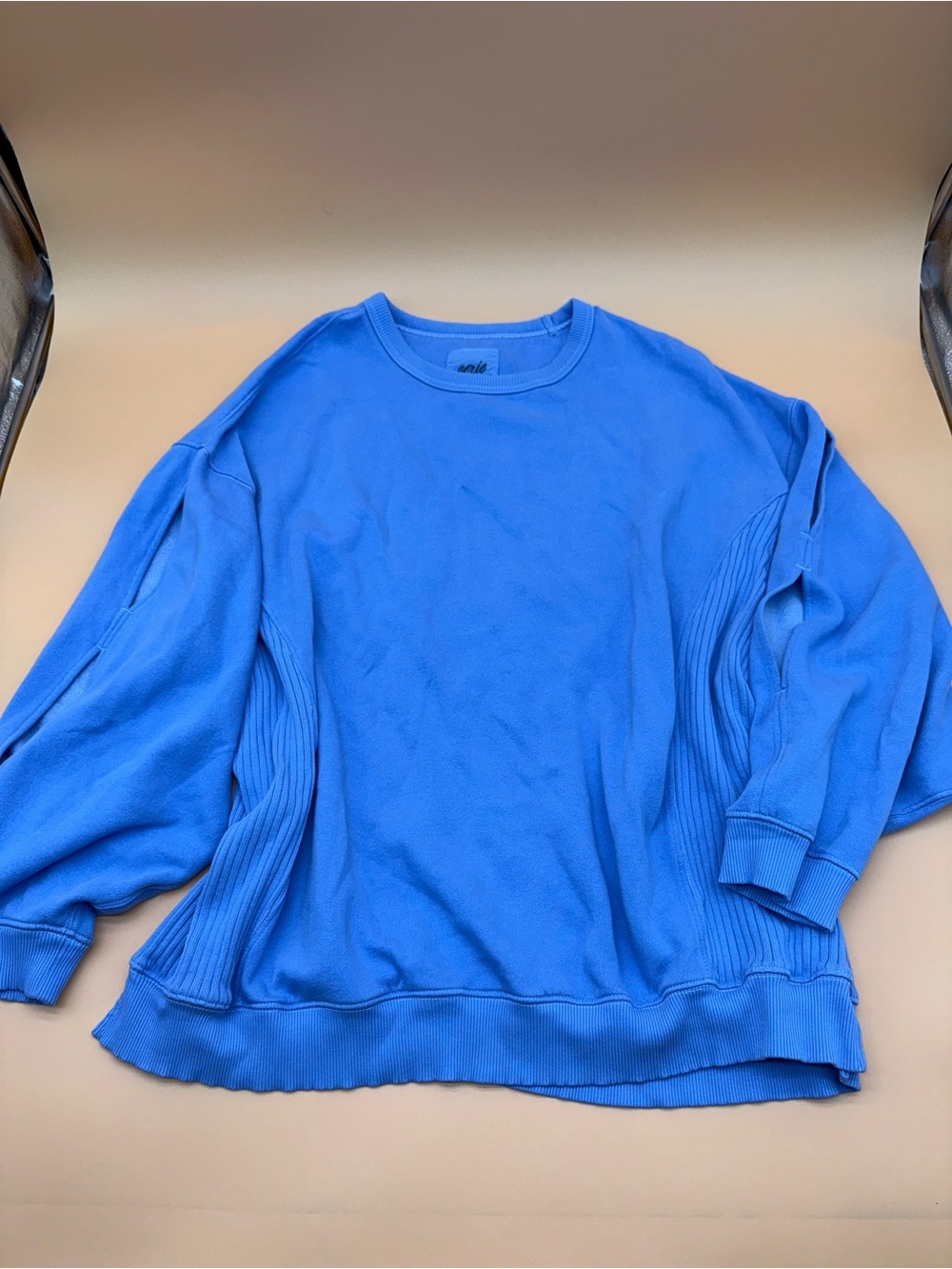 aerie Tres Chic Keyhole Light Blue Crewneck Sweater with Split-Sleeve Detail - Picture 5 of 9